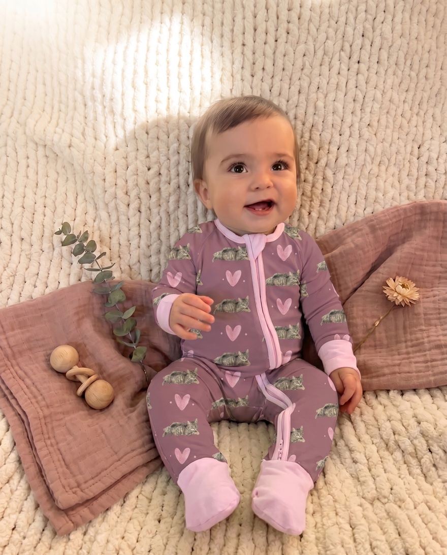 Stella wearing The Hazel — convertible zip footie in dusty rose with watercolor cat and heart print
