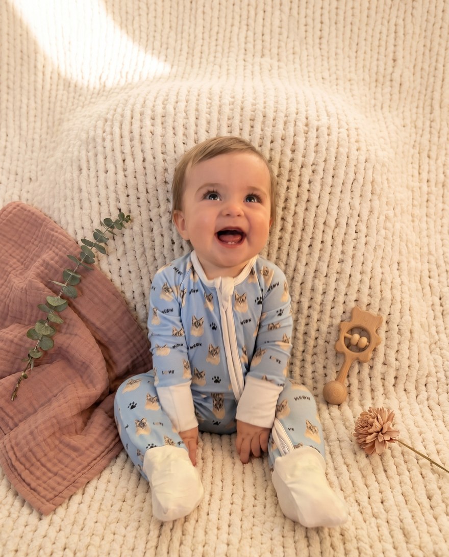 Stella wearing The Sam — convertible zip footie in sky blue with watercolor cat print